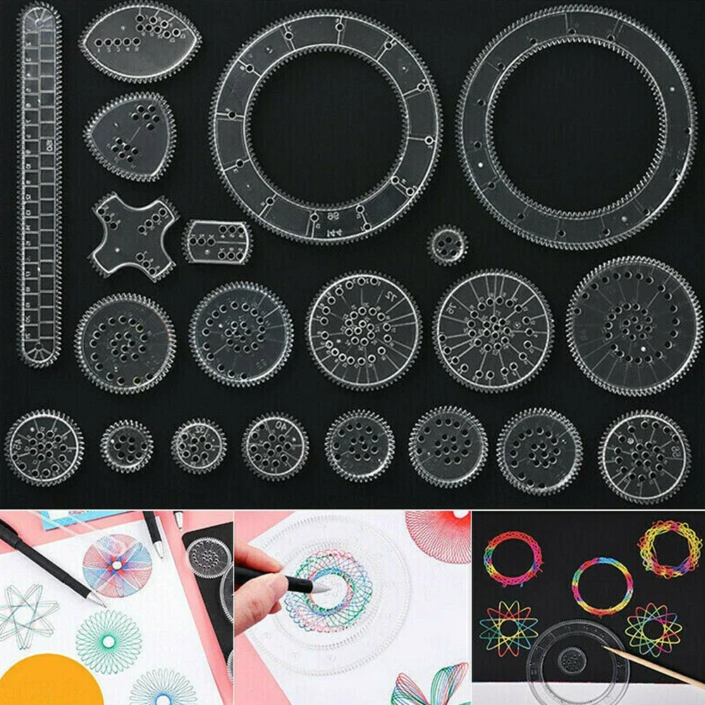 22Pcs Spirograph ปากกาวาดรูปชุด Interlocking Gears ล้อเรขาคณิตไม้บรรทัดไม้บรรทัดอุปกรณ์เสริมความคิดสร้างสรรค์การศึกษาของเล่นเด็ก