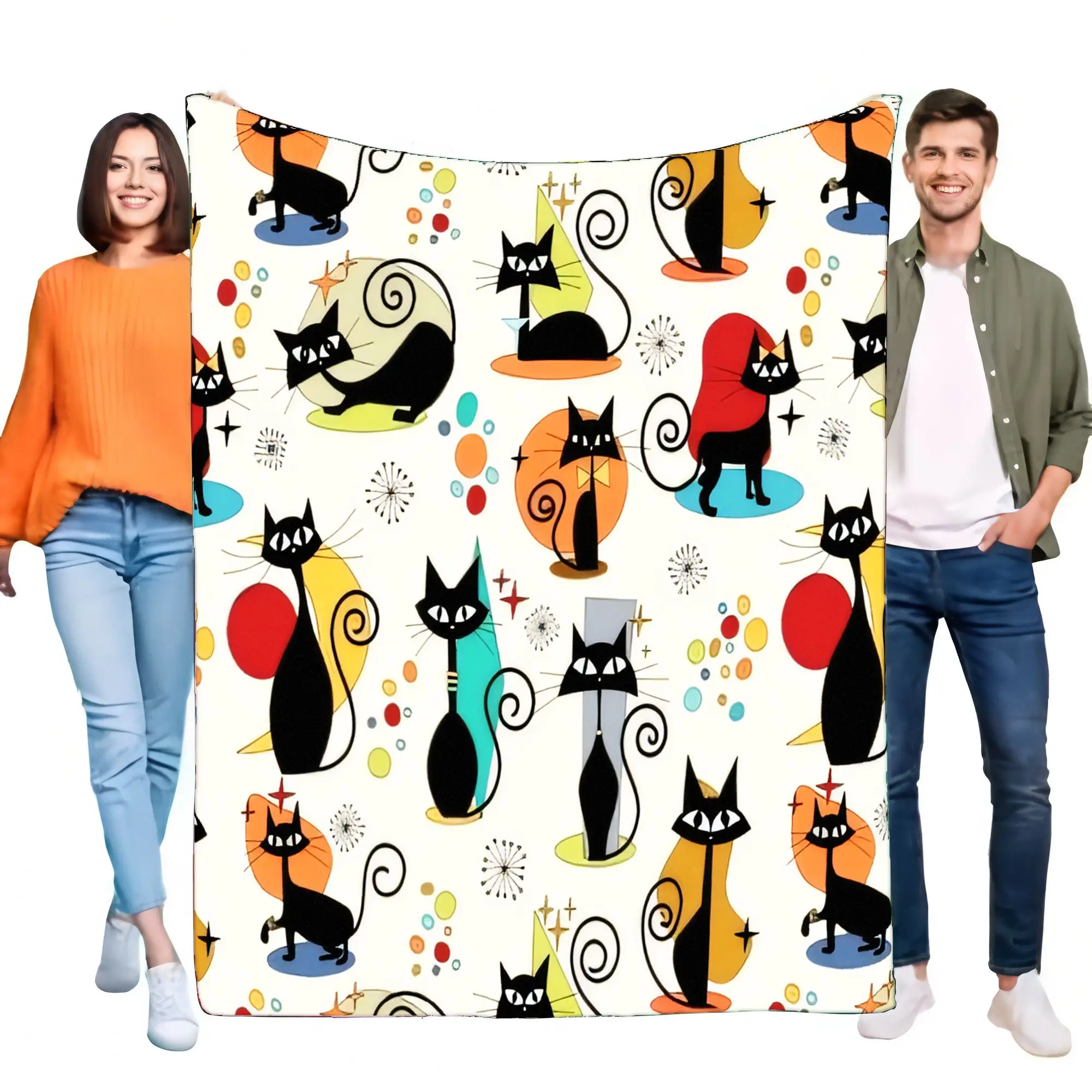 Abstract Mid-Century Modern Black Cat Blanket Soft Cozy Flannel Throw for Sofa Bed Living Room Bedroom Decor Gift Cat Lovers