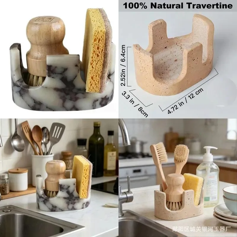 2 Slot Natural Stone Sink Storage Rack with Raised Edges for Kitchen Organization and Drying