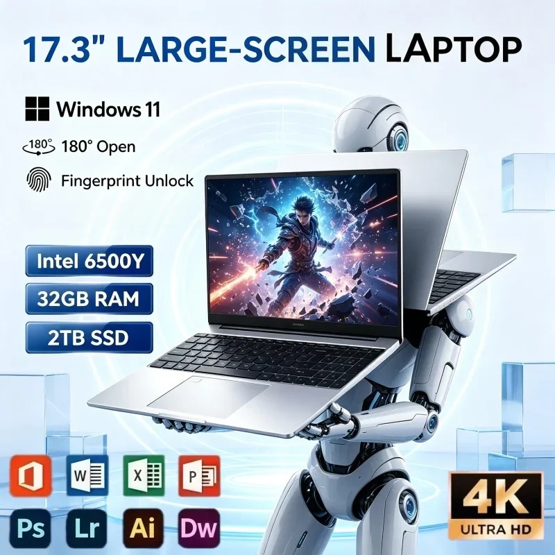 17.3 Inch Laptop Windows 11 Intel 6500Y 32GB RAM 2TB SSD Fingerprint Lock Notebook Computer For File Storage And Media Play