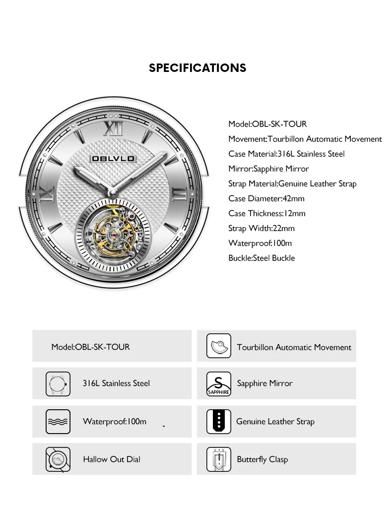 OBLVLO Mens Automatic Watches 42mm Tourbillon Watch Mechanical Wristwatch Vintage Waterproof Sapphire Skeleton Butterfly Clasp