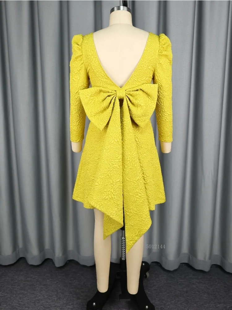 Yellow Sweetheart Neck Long Puff Sleeve Backless Bow A Line Slim Pleated Mini Dresses Elegant Women Party Cocktail Dress