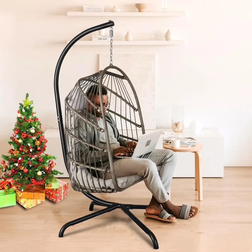 Swing Egg Chair With Stand and Cushion Foldable Wicker Rattan Patio Basket Hanging Swing Outdoor 330 Lbs Capacity Balcony Porch