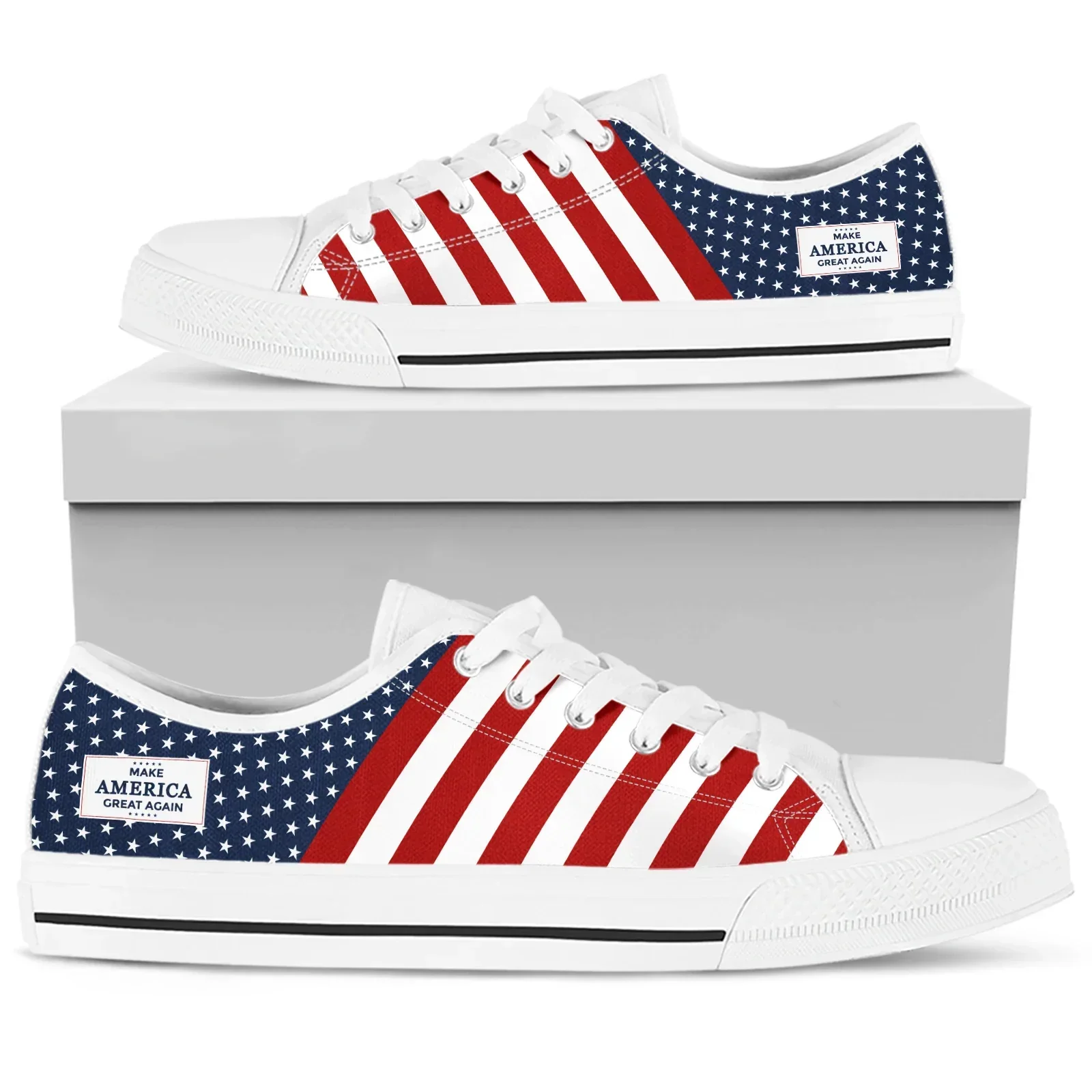 

American Flag MAGA Fourth Of July Women Summer Canvas Vulcanized Shoes Casual Flats Plus Size 45/46