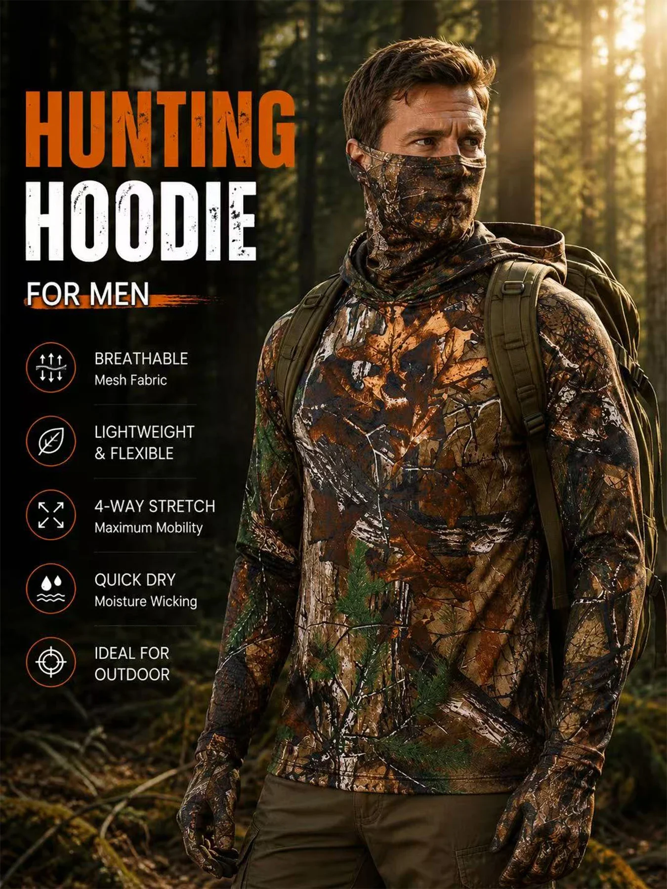 Men's Woodland Camo Hunting Hoodie with Face Mask Breathable Quick Dry 4-Way Stretch Outdoor Hunting Hiking Tops for Adult Men