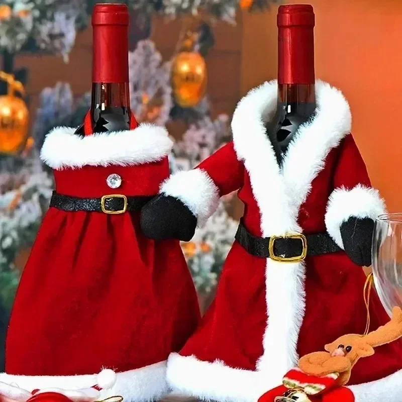 2PCS Christmas Wine Bottle Cover Velvet Dress Clothes Set Wine Bottle Ornaments Bag Xmas Party Dinner Table Decoration Gifts