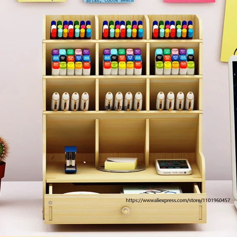 1pc Wooden Desk Organizer Multifunctional Desktop Stationery Pen Holder Box For Home Office School Supplies Storage Holder