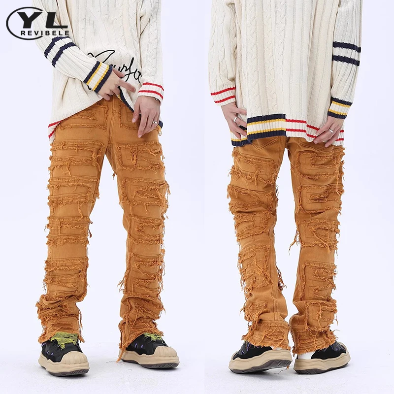 

American Hip Hop Tassels Jeans Man Flash Patch Oversized Wide Leg Denim Pants Male Spring High Street Baggy Straight Trousers