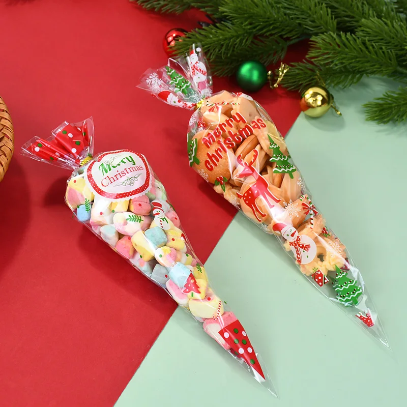 

100Pcs Christmas Gift Bags Santa Claus Snowflake Candy Cookies Cellophane Cone Bag Xmas Packing 2024 Christmas Decoration Supply