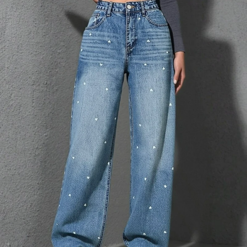 Stile europeo americano a forma di cuore jacquard a vita alta a gamba larga da donna 2026 autunno/inverno nuovi pantaloni lunghi larghi alla moda