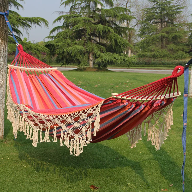 Portable Outdoor Tassel Hammock, Thickening Bed for Backyard, Porch,Hiking,Camping,Travel, Soft Woven Cotton Fabric