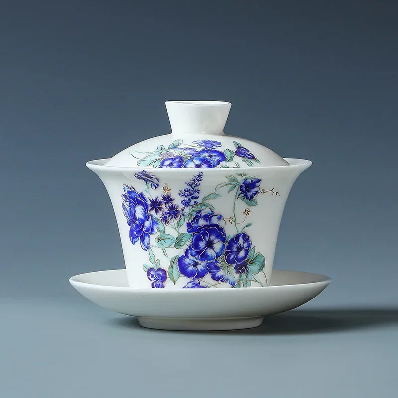 mutton fat jade white porcelain cover bowl rotatefor home kung fu tea set non-hot hand tea bowl