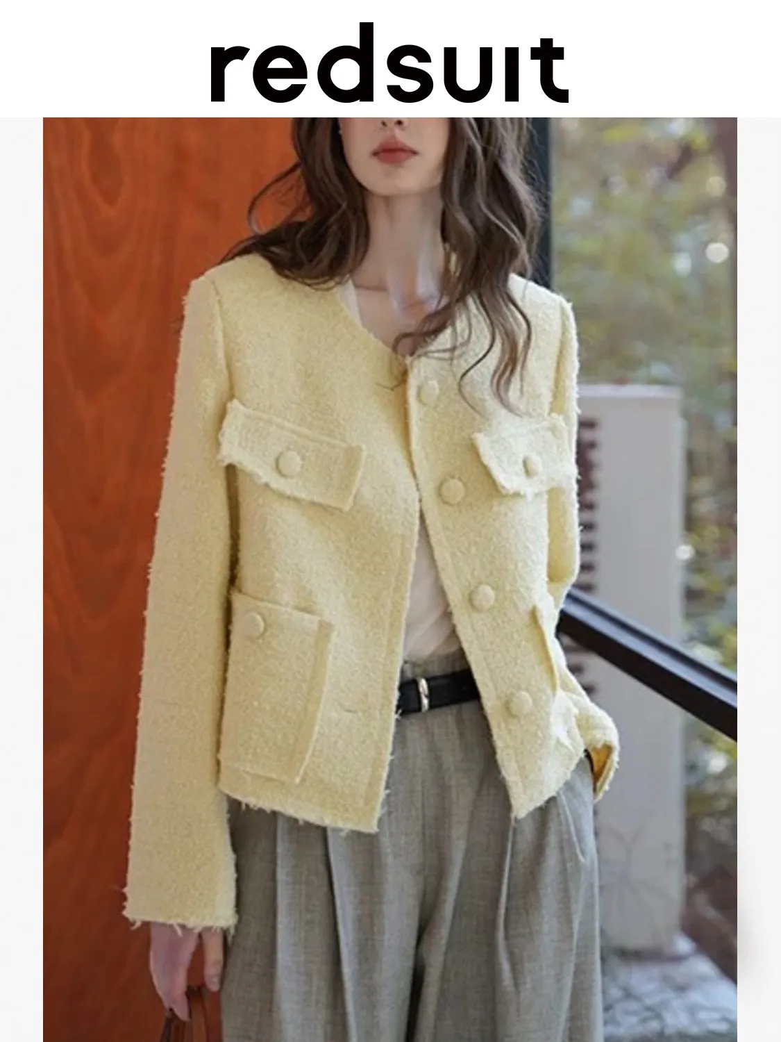 New Classic round neck fringed multi pocket yellow tweed jacket, fashionable versatile top Custom Size