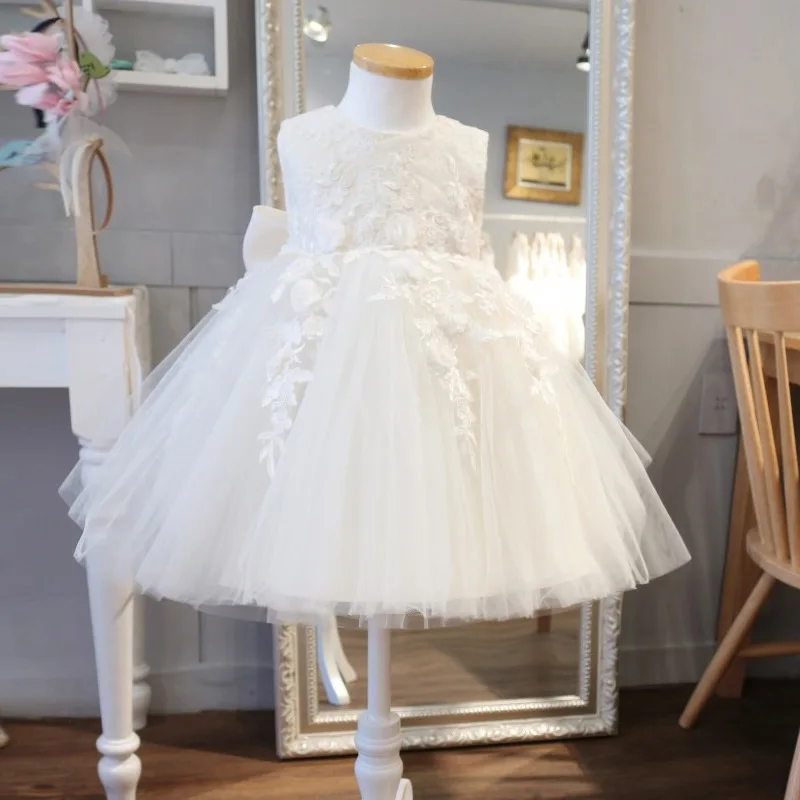 Cute Applique Puffy With Bow Flower Girl Dresses White Tulle Kids Baby Pageant Birthday Party For Wedding Dress Ball Gowns