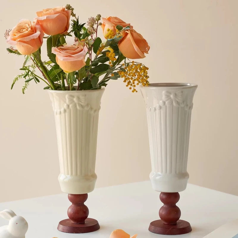 1PC French Vintage Cream Embossed Wooden Base Tall Vase Luxury Living Room Decor Fashion Flower Arrangement
