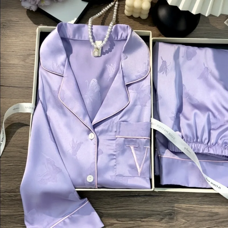 

Jacquard Purple Women Pajamas Set Lounge Wear Sexy Lingerie Long Sleeve Trouser Pijamas Suit Loose Casual Sleepwear Homewear