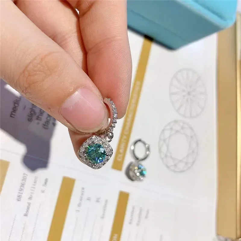 Anting-anting Juntai perak 1CT biru hijau Moissanite anting-anting berlian batu permata cakar 4 emas putih 14K untuk perhiasan bagus wanita