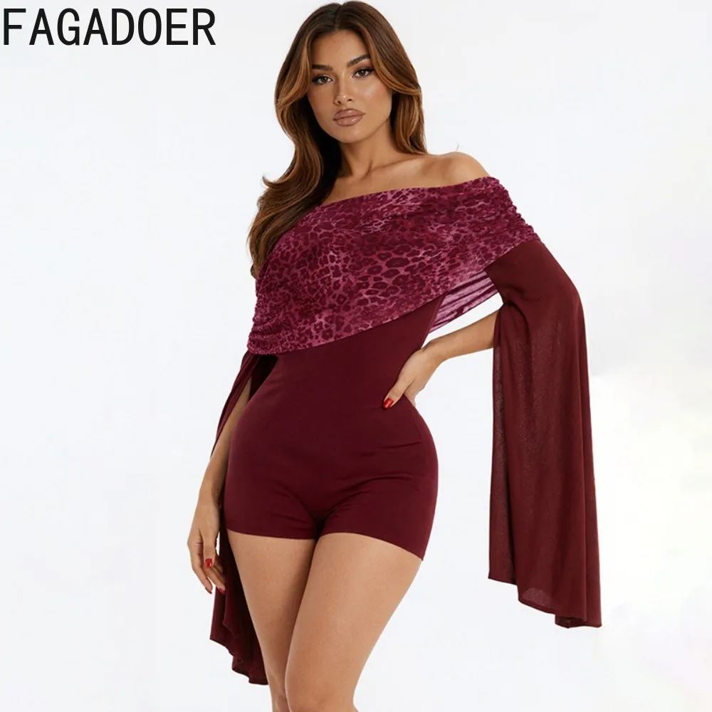 Fagadoer sexy leopardo impressão retalhos macacão para mulher fora showlder sem costas bodycon macacões feminino streetwear novo