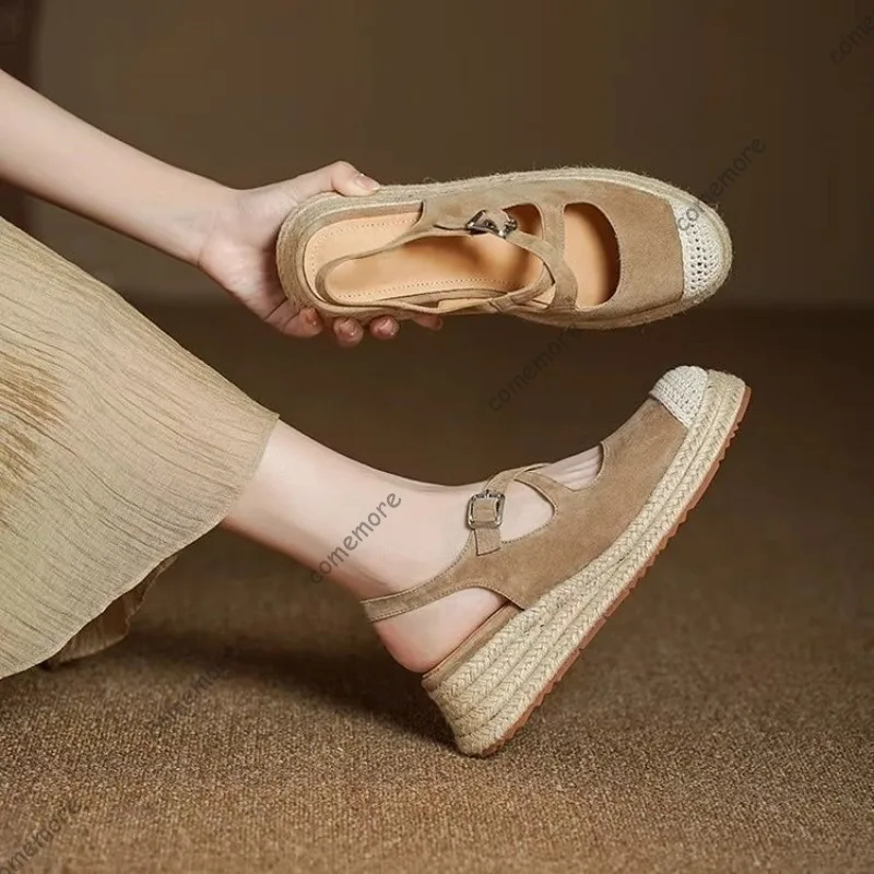 Comemore Platform Baotou Wedge Heel Pumps Spring Summer Flat Straw Botttom Suede Casual Mary Jane Shoes Round Head Heels Women view 3
