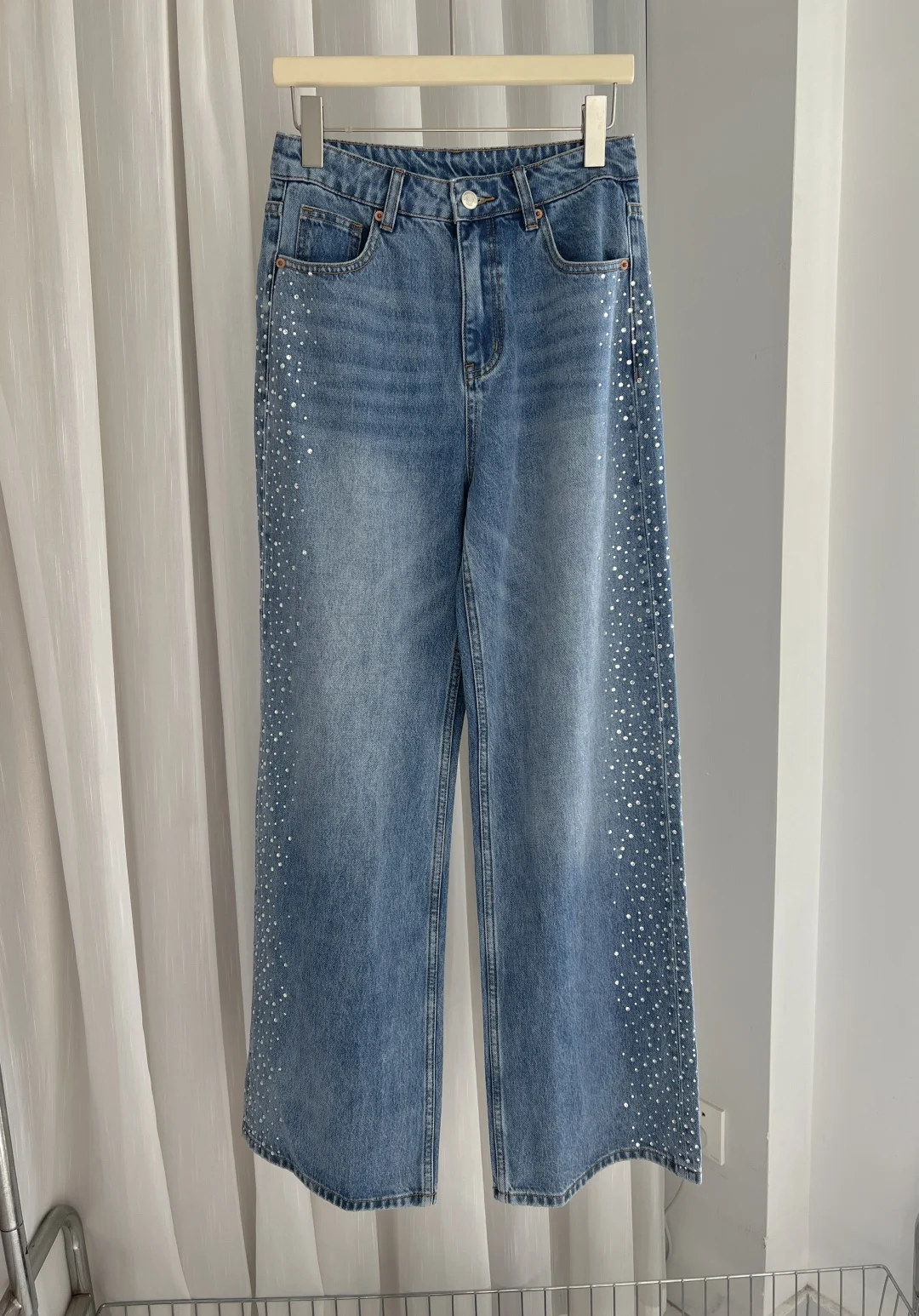 Jean droit à perles lourdes pour femmes, pantalon en Denim décontracté à jambes larges, taille haute, automne