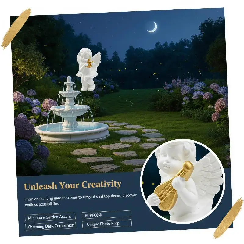 Mini Resin Angel Figurine with Classic Roman Pillar & Shiny Golden Details Small Decor for Bathroom Vanity Counter Ornament