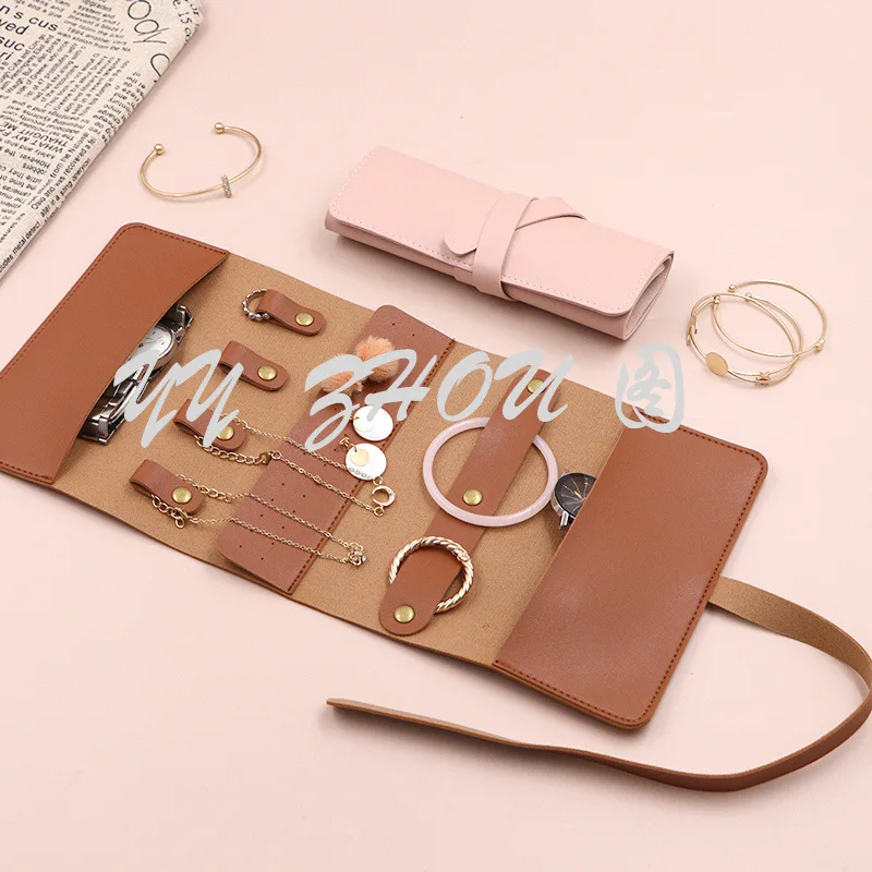 Spot Fashion Jewelry Roll Bag PU Leather Travel Convenient Storage Bag Necklace Ring Large Capacity Portable Roller Shutter Bag