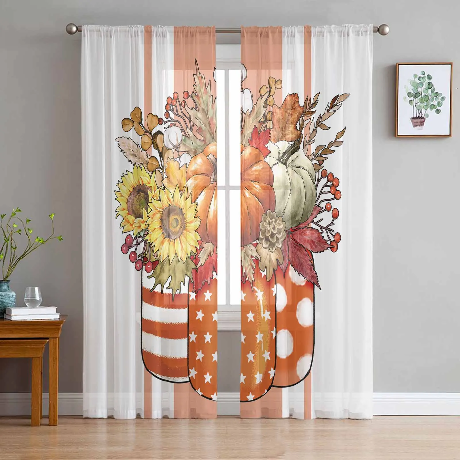 Autumn Maple Leaf Bouquet Sheer Curtain Living Room Drapes Home Bedroom Voile Curtain Tulle Window Curtain