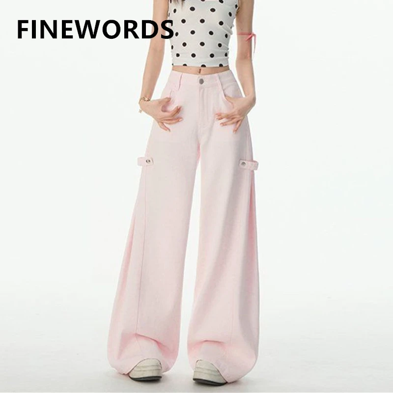 

FINEWORDS Retro Casual Korean Pink Jeans Women Streetwear High Waist Jean Easymatch Full Length Wide Leg Denim Baggy Pants