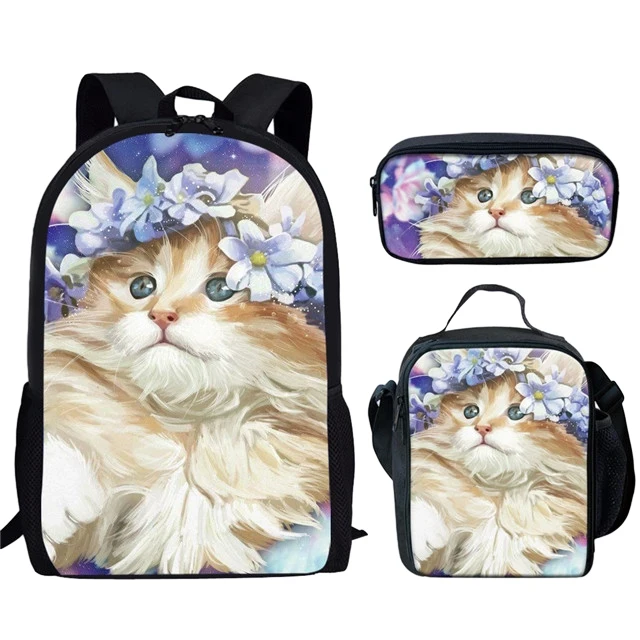 Bolsas escolares com gato bonito, 3D Print, mochila para laptop, mochila, bolsa de ombro inclinado, estojo na moda, 3 pçs/set