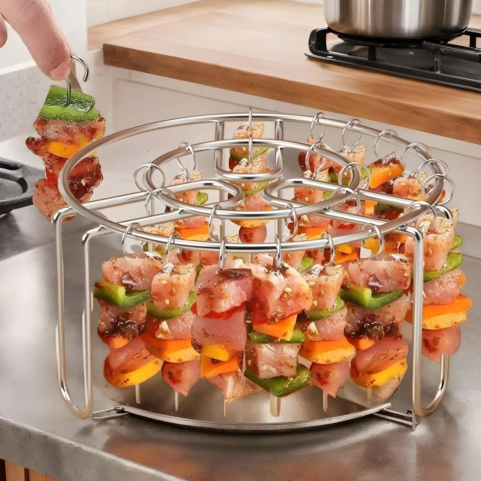 Parrilla para freidora de aire, estante colgante de acero inoxidable para parrilla, brochetas antiadherentes para barbacoa casera, estante para Kebabs para verduras, pescado, carne y camarones