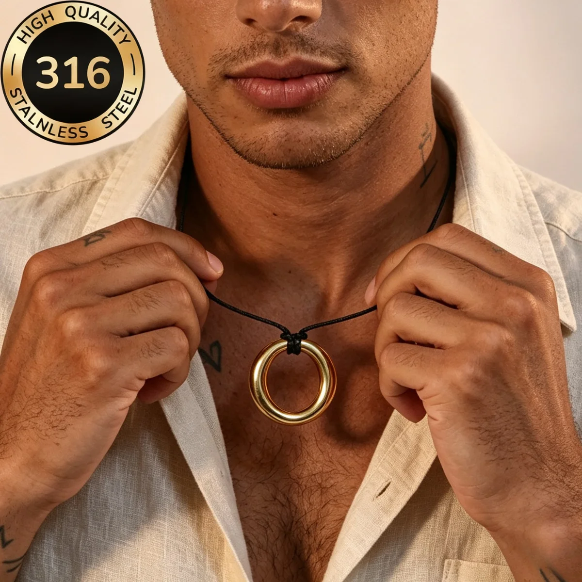 O-shaped Circular Pendant with Black Rope Necklaces 18K Gold Plated Skeleton Round Sweater Collier 316L Stainless Steel Jewelry