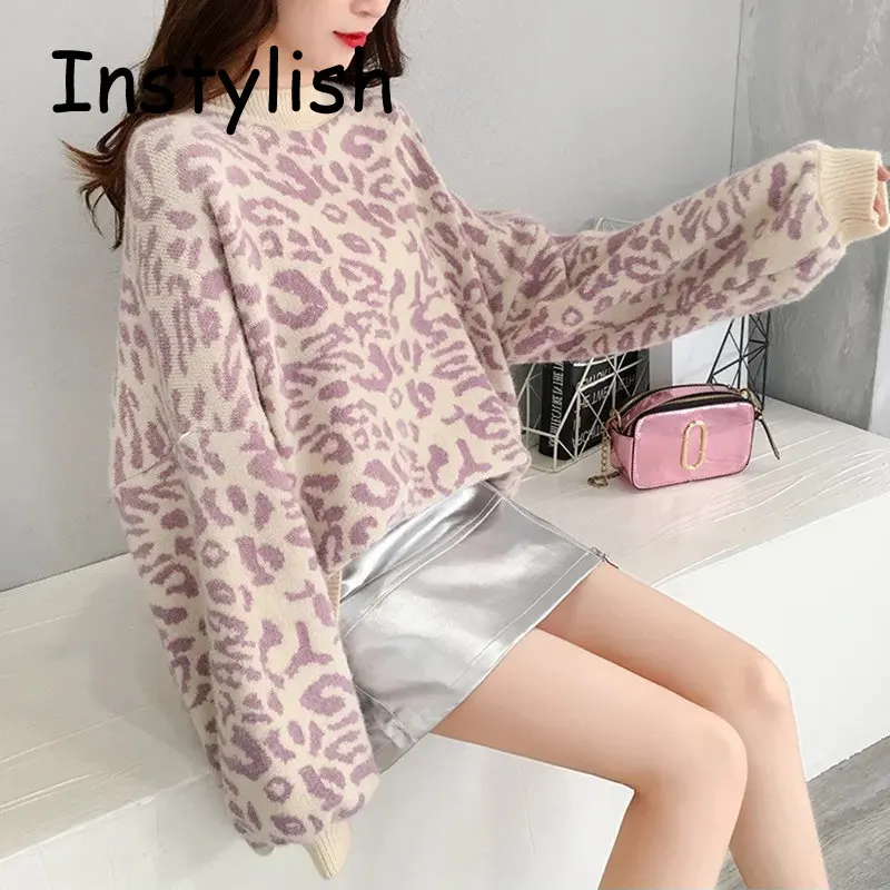 Winter Thick Warm Turtleneck Pullover Women Leopard Print Loose Sweater Vintage Harajuku Knitted Top Streetwear Oversized Jumper