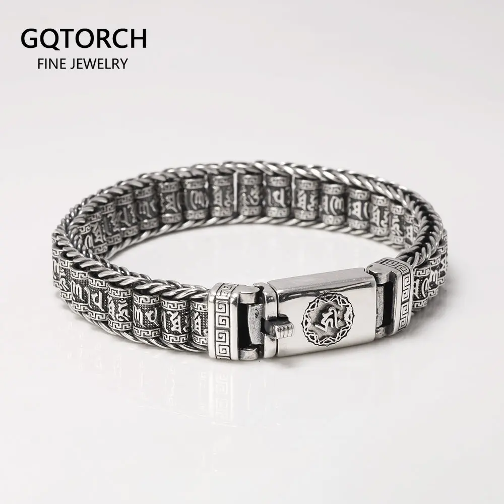 

Real 925 Sterling Silver Roller Bracelet Men Six True Words Vintage Punk Hand-woven Rotatable Prayer Wheel Mantra Link Chain