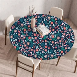 Watercolor Leaves Plants Flowers Tablecloth Elastic Band Dining Table Round Waterproof Table Cover Home Kitchen Decoration