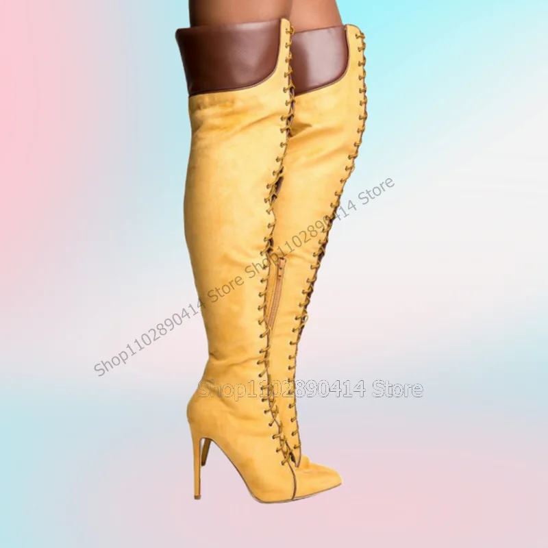 

Yellow Brown Cross Tied Pointed Toe Boots Side Zipper Women Shoes Thin High Heels Novel Fashion Banquet 2023 Zapatos Para Mujere