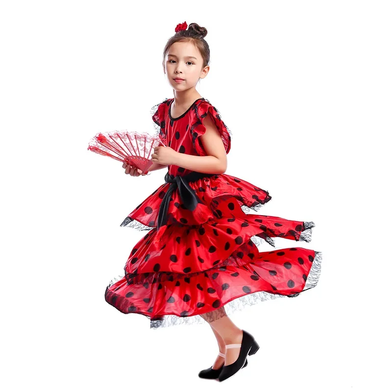 Spanish Girls Dress Flamenco Dancers Fancy Dress Halloween Ladybird Cosplay Princess Dress