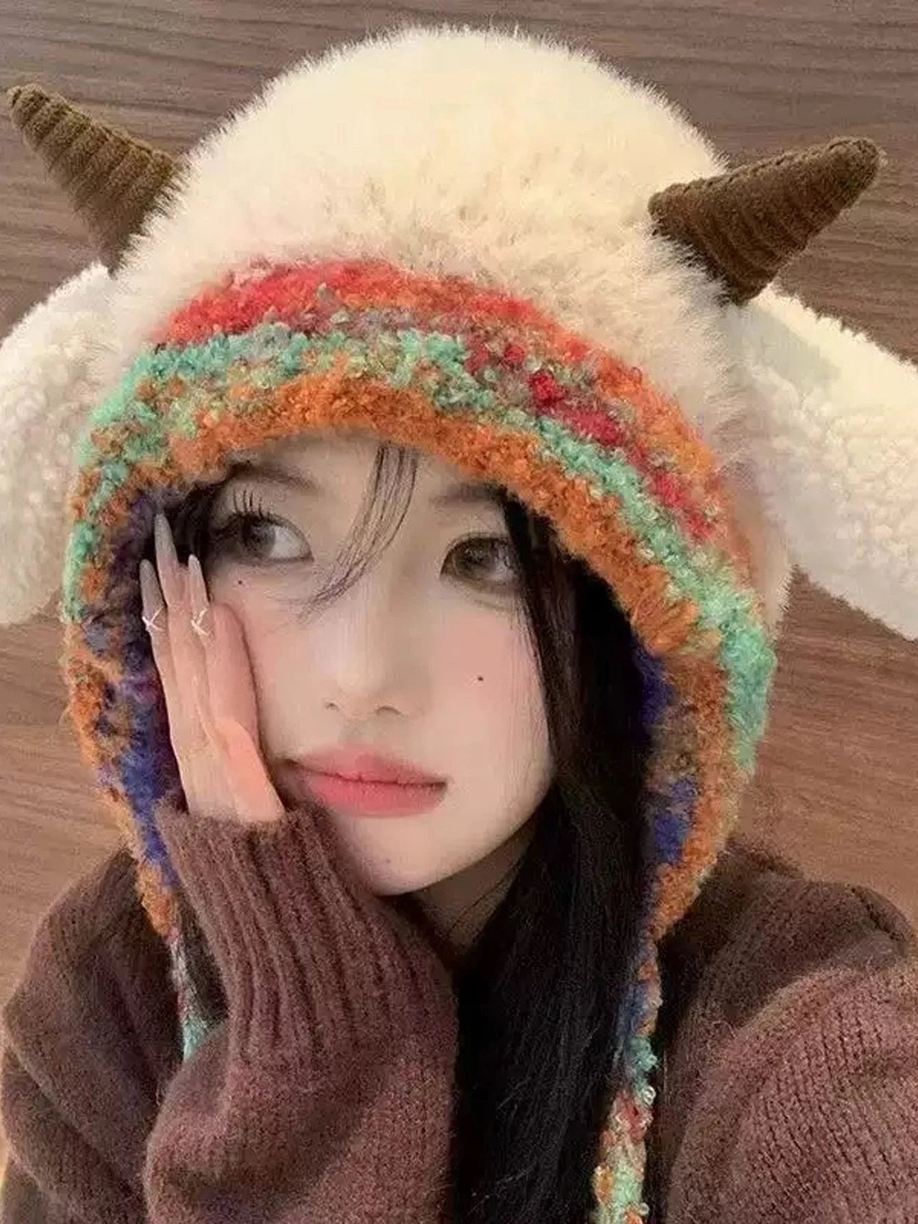 Cute Lamb Ear Plush Knitted Hat for Autumn and Winter Korean Version, Warm Ear Protection, Cold and Windproof Sleeve
