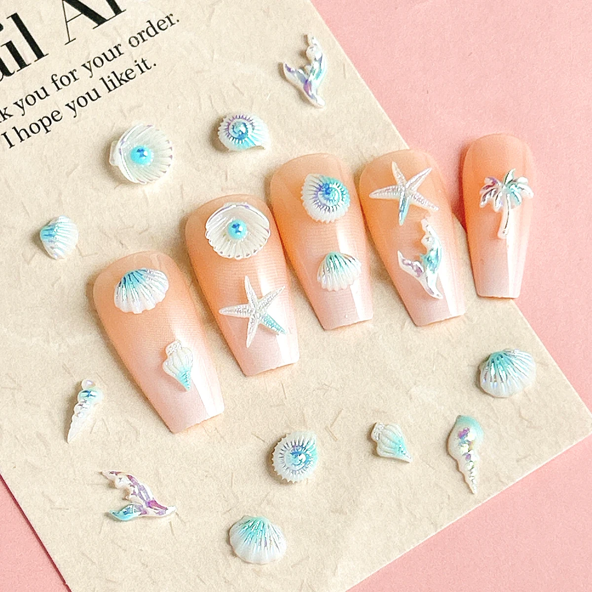 

50PCS Ggradient Conch Shell Starfish Resin Nail Charms 3D Creative Blue White Coconut Tree Ocean Series Nail Art Decorations DIY