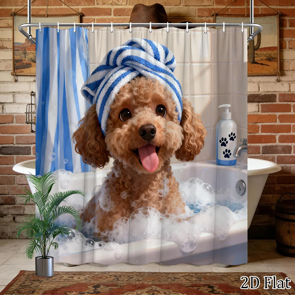 2D Flat, 1pc 2D Flat Fun Dog Bath Shower Curtain Cute Poodle in a Bathtub Playful Pet Theme Bathroom Decor Bath Hanging Curtain