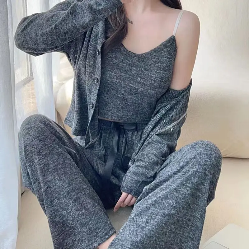 Pure Desire Style Women Pajamas Set Lace Trim Sleeveless Long Pants Robe White Polka Dot Homewear Outfit