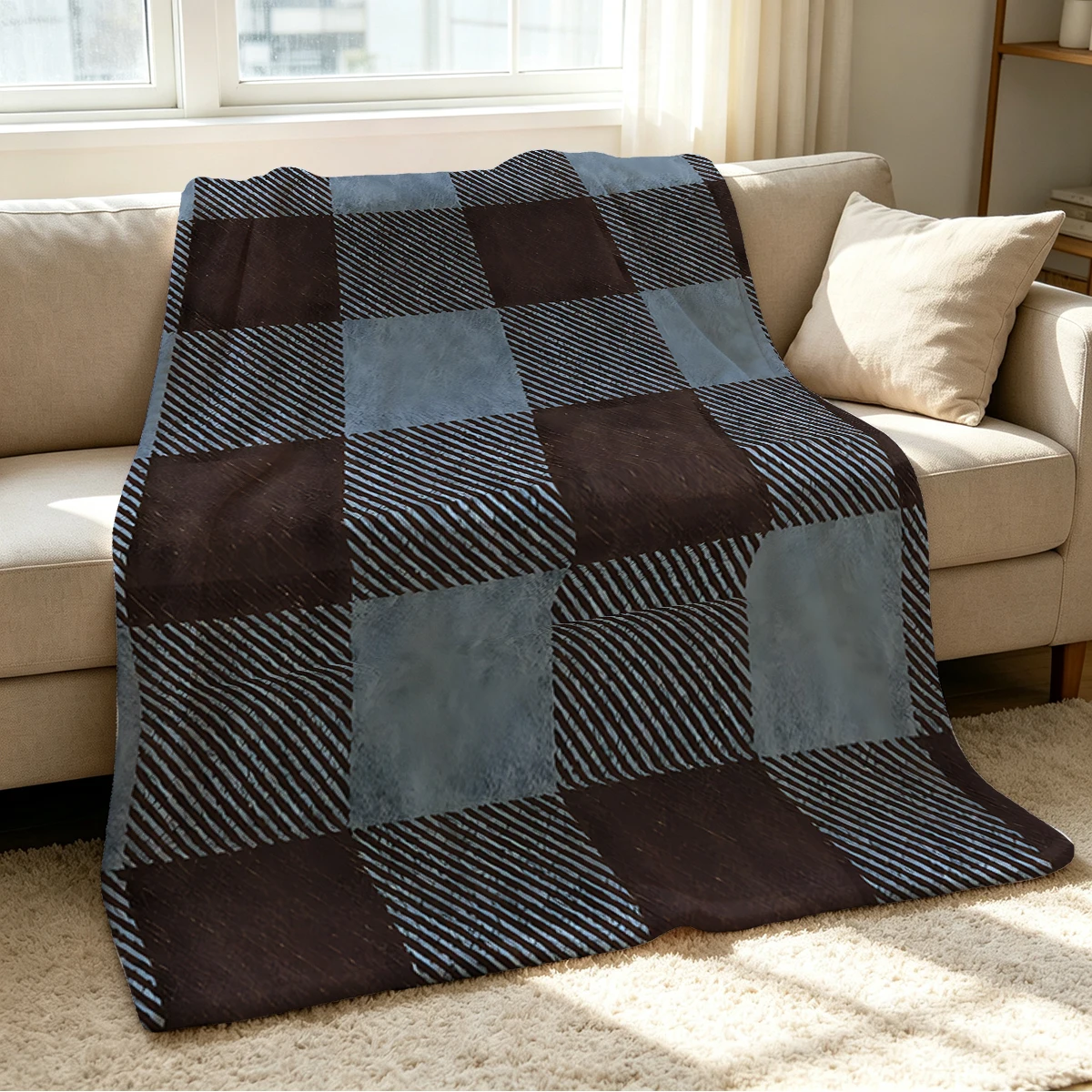 Brown Grey Blue Checker Flannel Blanket Warm Soft Halloween Christmas Couch Warm Cozy Decorative Decor Gift for All Season