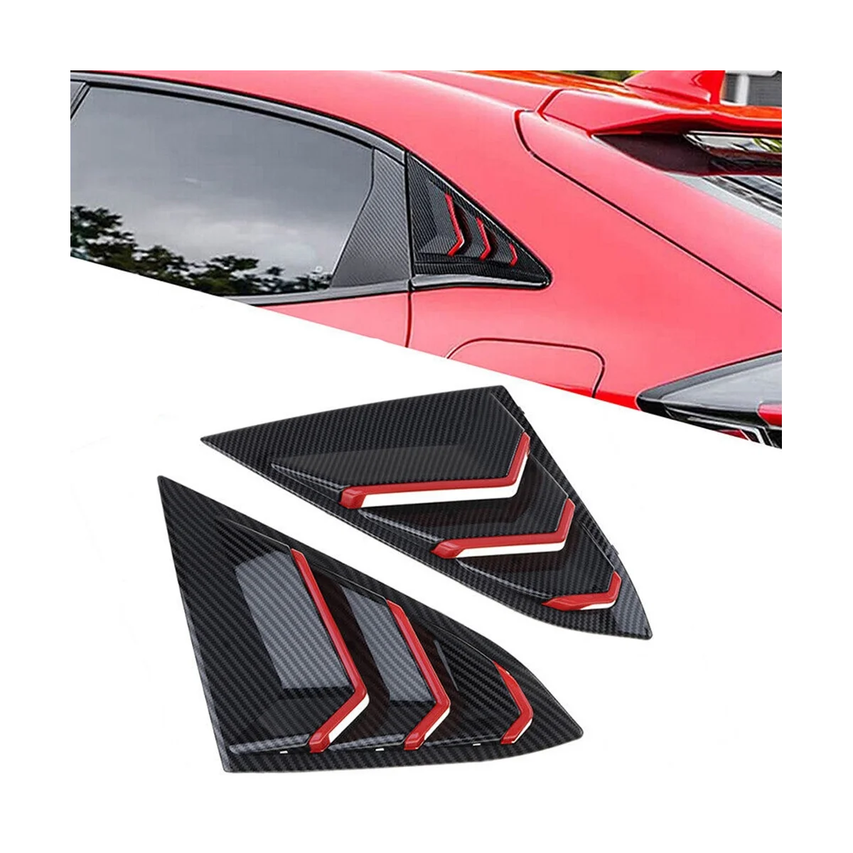 For Honda Civic 2016-2021 Sedan Rear Side Vent Quarter Window Louver Cover Triangular Window Trim Carbon Fiber Red