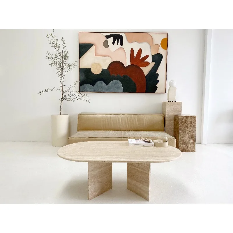 جديد وصول الحديثة مصقول البيج الحجر الطبيعي طاولة شاي Basse Travertin Bean Shape Travertine Coffee Table