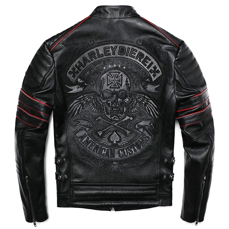 2025 New Embroidery Skull Fashion Genuine Leather Jacket Men's Natural Cowhide Motorcycle Jacket Slim Moto Coat Size S-6XL