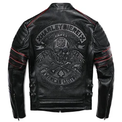 2025 New Embroidery Skull Fashion Genuine Leather Jacket Men's Natural Cowhide Motorcycle Jacket Slim Moto Coat Size S-6XL