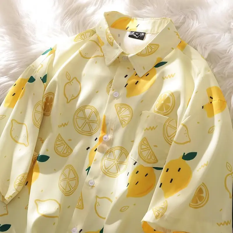 

Beach Half Sleeve Shirt Men Summer New Japanese Retro Casual Loose Lemon Print Lapel Coats Popular Versatile Women Thin Tops