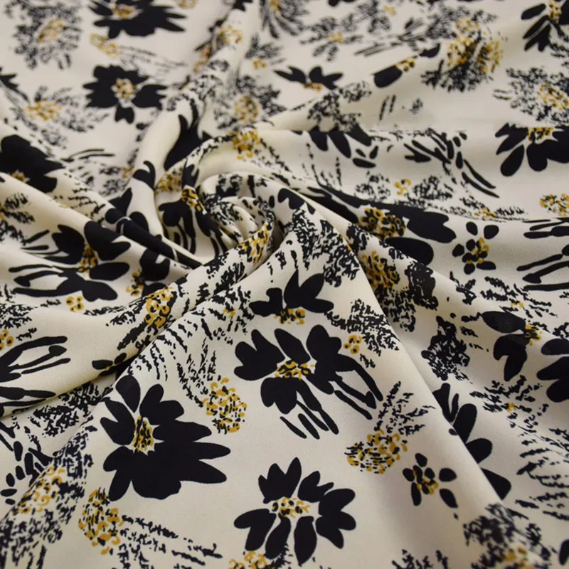 Half Meter Beige Bottom With Retro Black Flower Print Chiffon Fabric For Spring Summer Shirt Dress Cheongsam Scarf Material