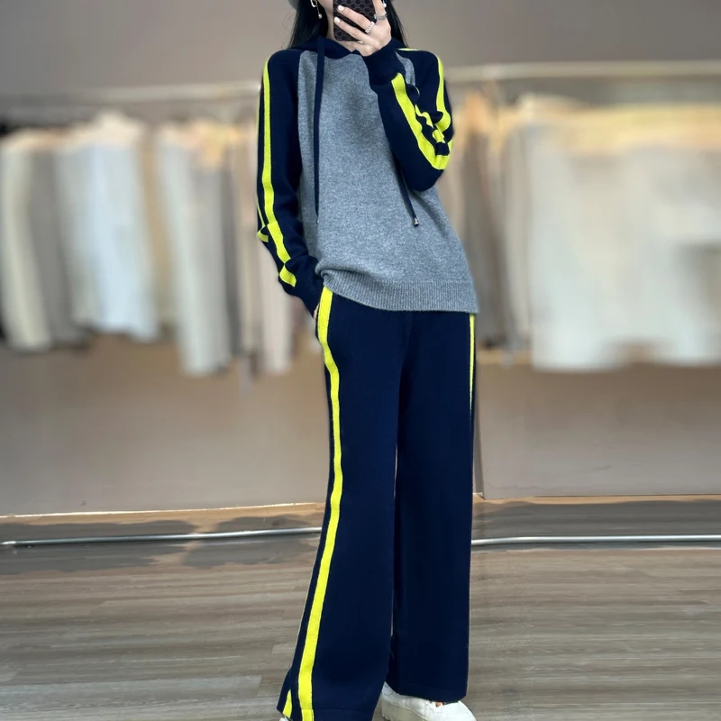 

Autumn And Winter New Women's Splicing Casual Fashion Sportswear 100 Wool Knitting Hooded Pullover Coat Two-Piece Wide Leg Pants