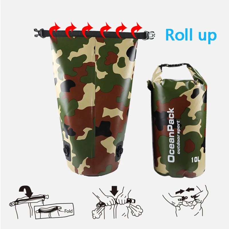 Pvc Waterdichte Dry Bag 2L 5L 10L 20L 30L Camo Outdoor Duiken Opvouwbare Man Vrouwen Strand Zwemmen Tas Rafting Rivier oceaan Rugzak