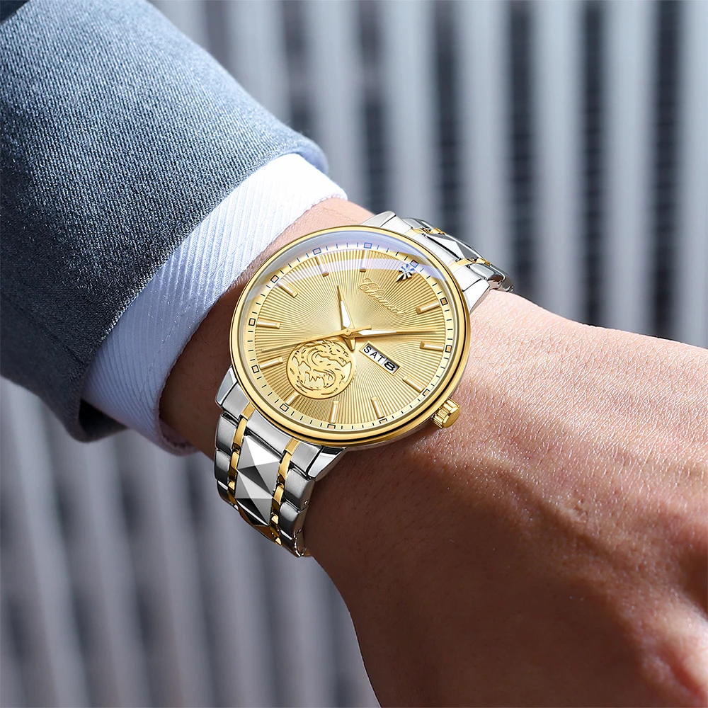 Relojes de negocios de lujo a la moda para hombre, relojes de cuarzo luminosos resistentes al agua, pantalla de calendario, reloj de hombre con esfera redonda dorado